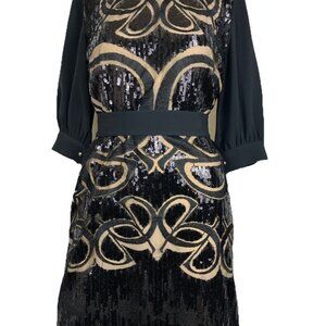42 NWT Ellie Saab Black Sequin Overlay Dress Mini w POCKETS 12855 Yarn Emb